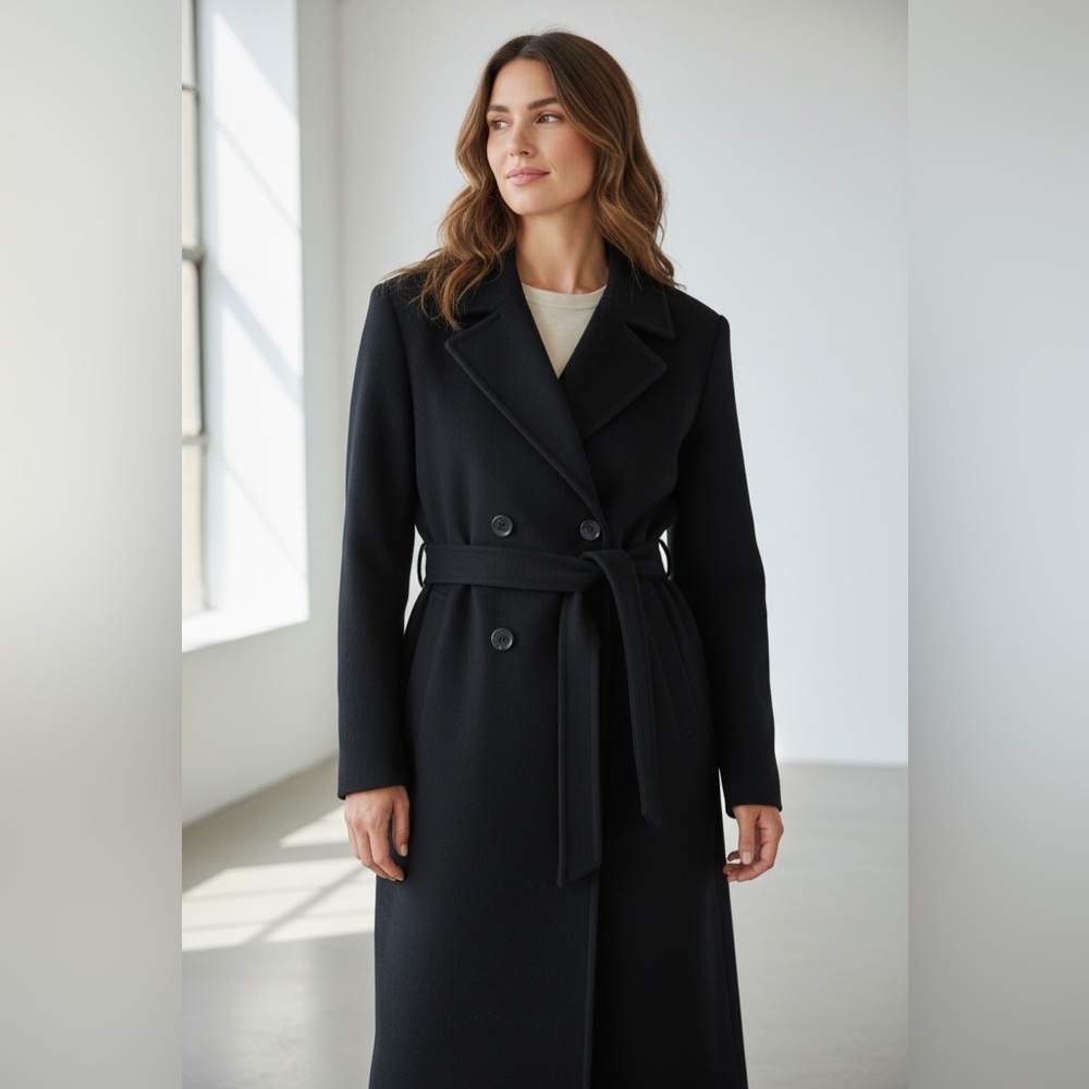 Vintage 90s Oversized Black Wool Coat with Belt – Size M - Picture 8 of 12